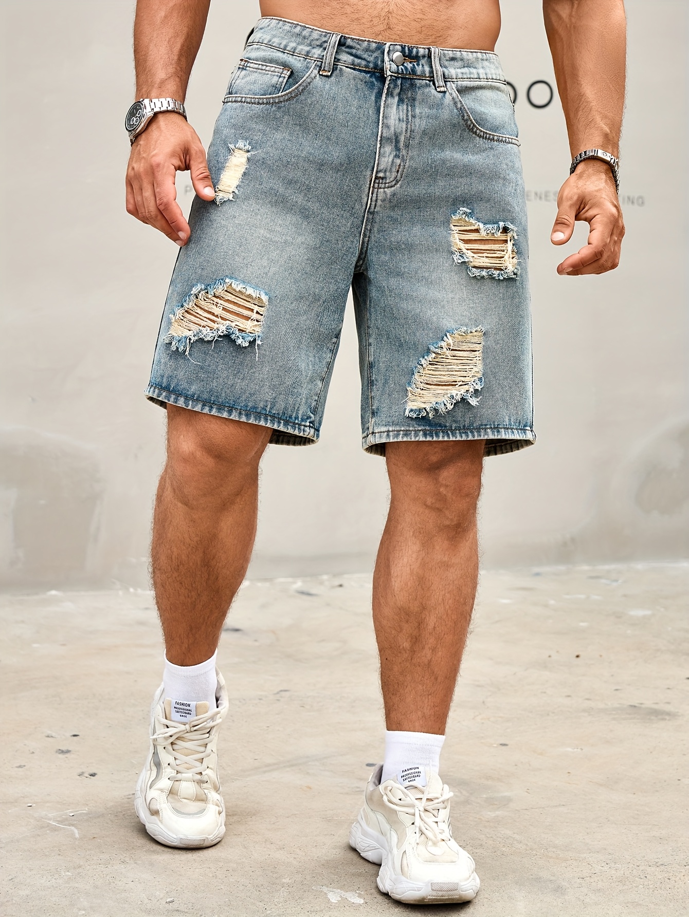 Pantalones cortos de desgastados de suelto para hombre Largo de  casual con bolsillos, diseño rasgado para el verano, pantalones  cortos