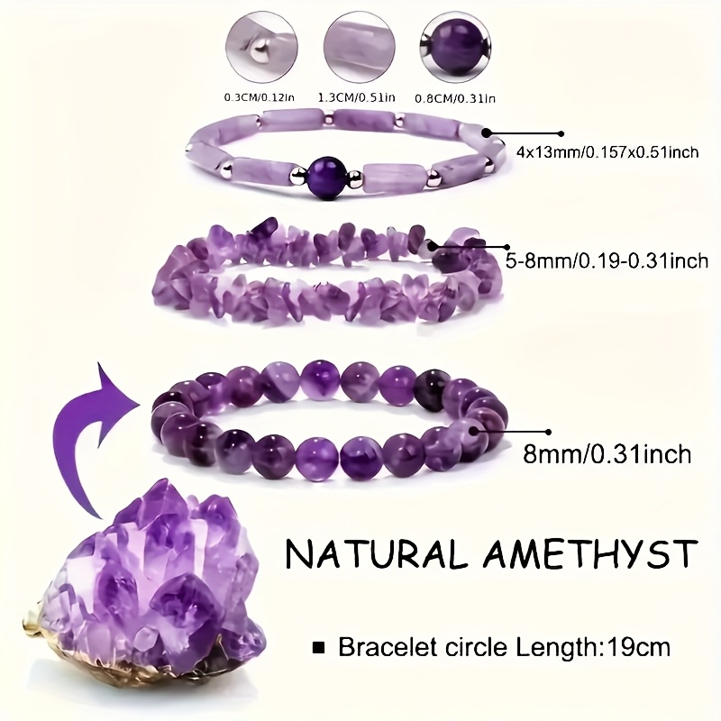 3pc Natural Amethyst Bracelet Set, Elegant Style