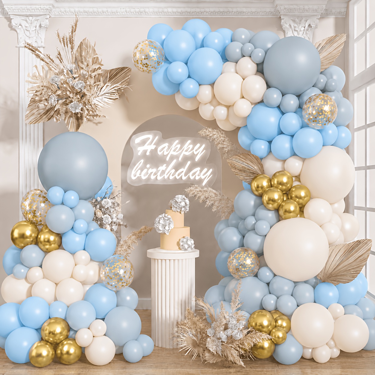Image of 111pcs Blue And Arch Kit, 109 Macaron Blue, Dusty Blue, , Metallic Golden And Golden Confetti Balloons In 5, 10, 12 & 18 Inch With Balloon Strip And For Birthday, Shower, Wedding And Party Decorations