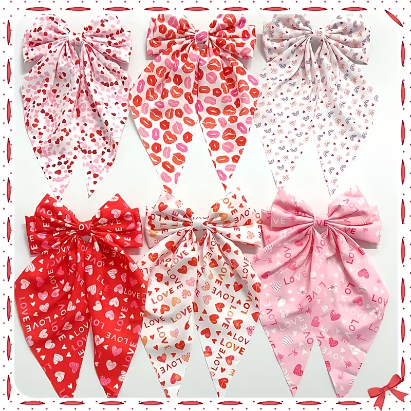 

6pcs Valentine's Day Bow Hair Clips, Polyester Ribbon Tassel Barrettes, Woven Pop- Themed Hair Accessories, With Red Lip & , For Teens & Adults, Party Outfit Hair Decor, 14+ Years