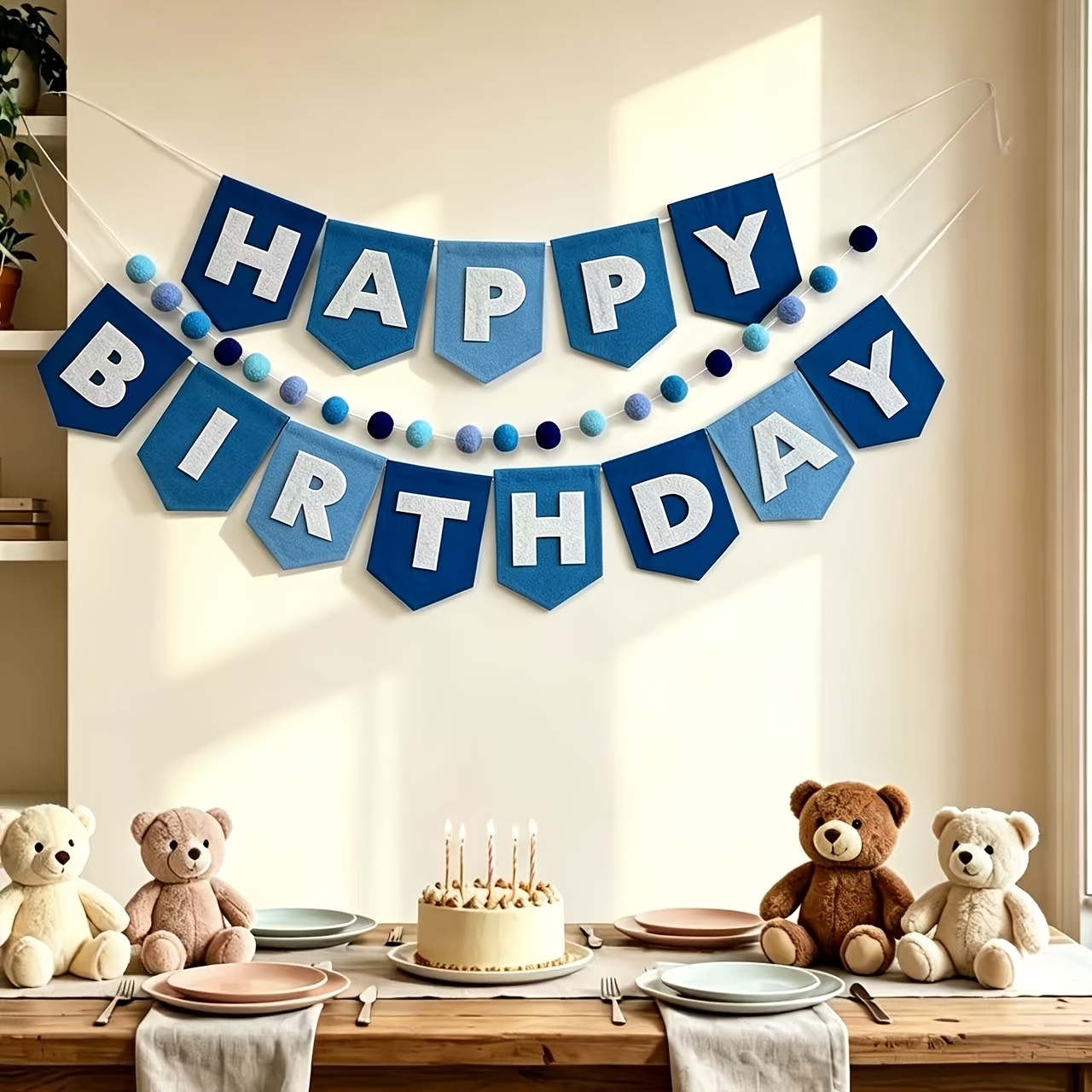 Image of 'happy Birthday' Banners With Pom-pom Decorations, Pre-assembled With Thickened Material, Handmade, In Pink/colorful/blue/green 'happy Birthday' Banners, Perfect For Birthday Decorations