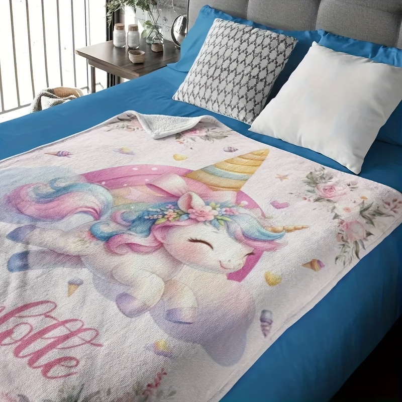 Personalized Name Flannel Blanket with Unicorn and Floral Design