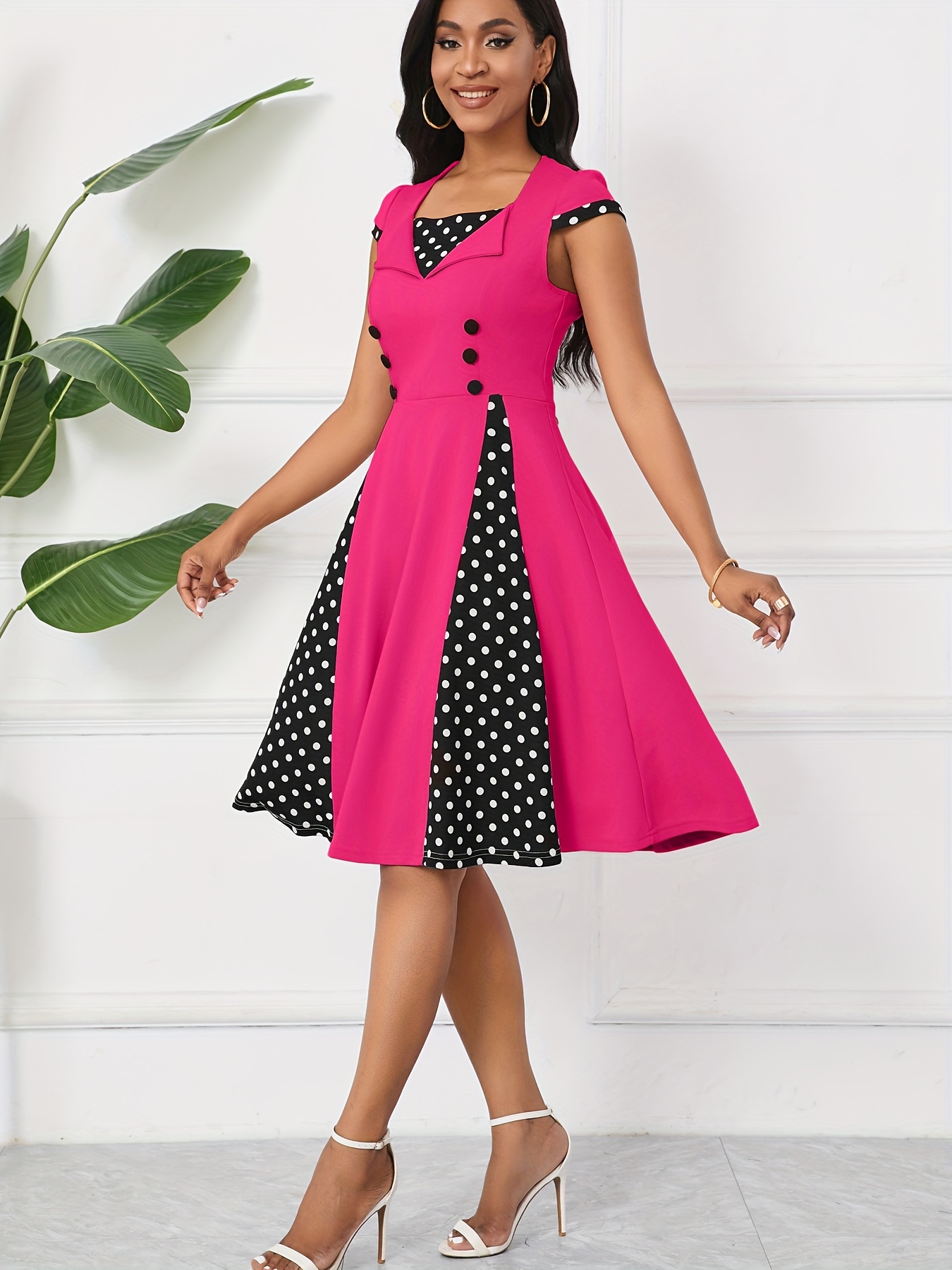 Polka-dot Block Aline Dress, Elegant Swing Button Decor Dress, Women's  Clothing