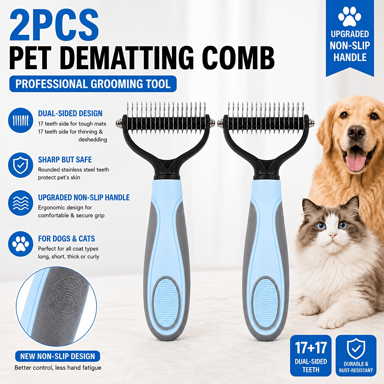 TEMU ["Peigne Anti-Poils d'Animaux] 2 Grands Peignes Anti-Poils d'Animaux en Acier Inoxydable à 17 Dents, un Outil de Beauté Racloir à Poils Double