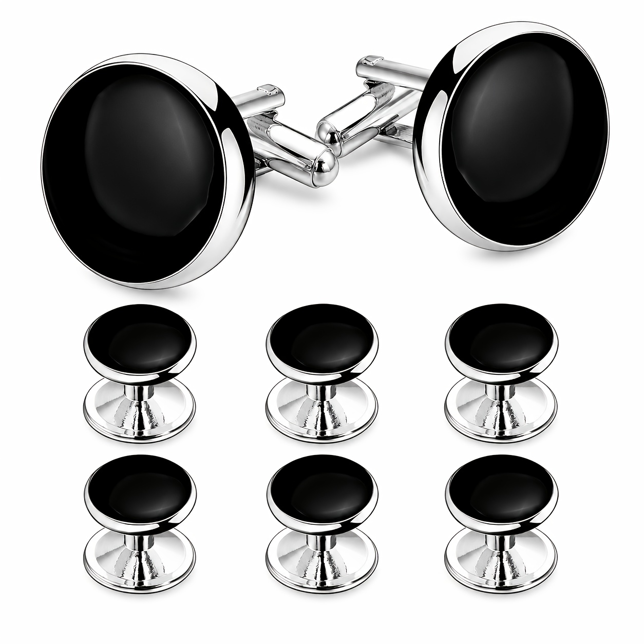 TEMU 8pcs Men's Formal Cufflinks And Shirt Studs Set, Includes 2 Cufflinks And 6 Tuxedo Shirt Studs, Black Round Face With Metallic End, Business