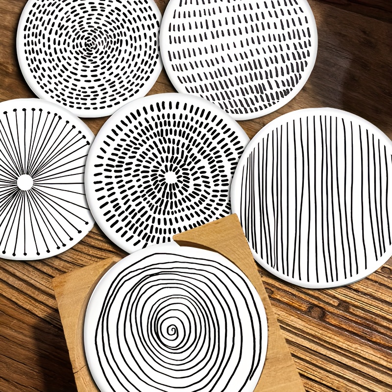 

6 Pieces Wooden Black And White Abstract Pattern Coasters - Insulating, Non-slip, Heat Resistant Table Placemats, Suitable For Home, Office, And Themed Party Gifts, 10cm/3.9in