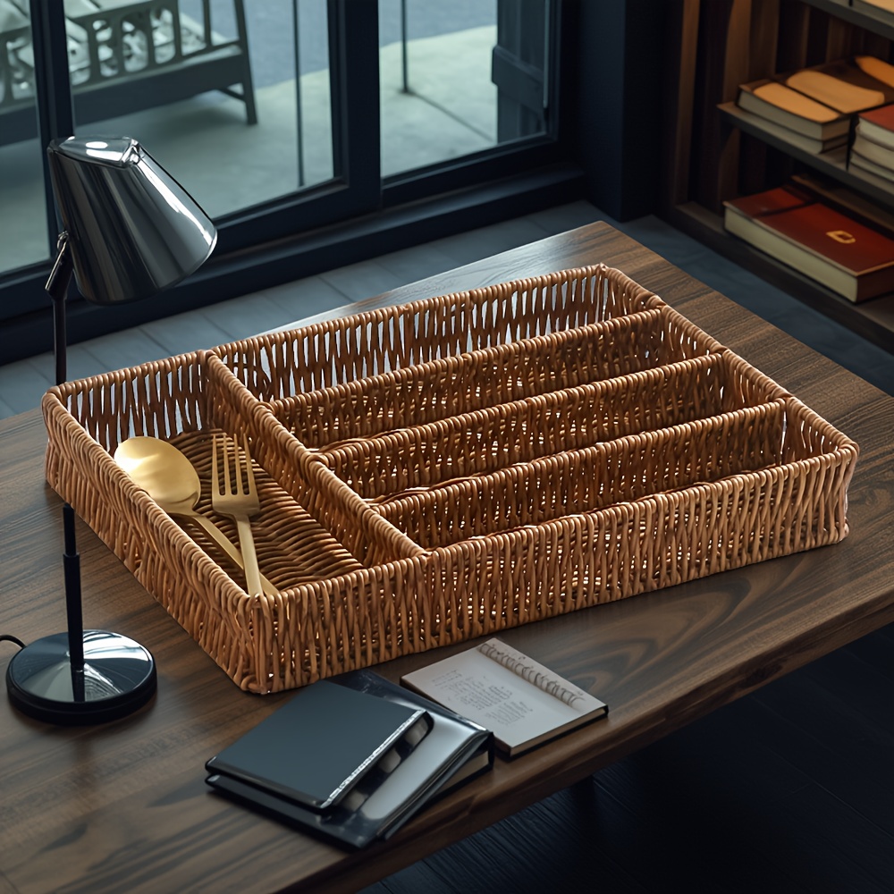 TEMU Cesto portaoggetti multiscomparto stile vimini da 1, cesto portaoggetti scompartito per stoviglie da cucina con integrato per bacchette e