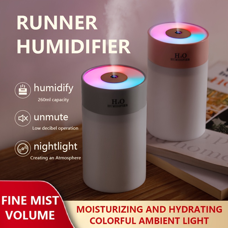 

1pc Running Light Humidifier, 2 Spray , Light , Quiet Fog, Home, Desktop, Usb Car, Portable Night Light, 260ml