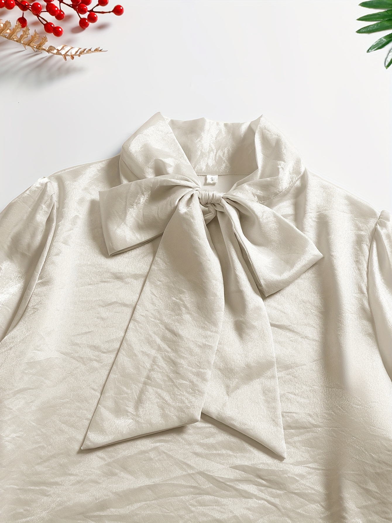 womens satin blouse bow tie detail shirt puff sleeve long - Temu
