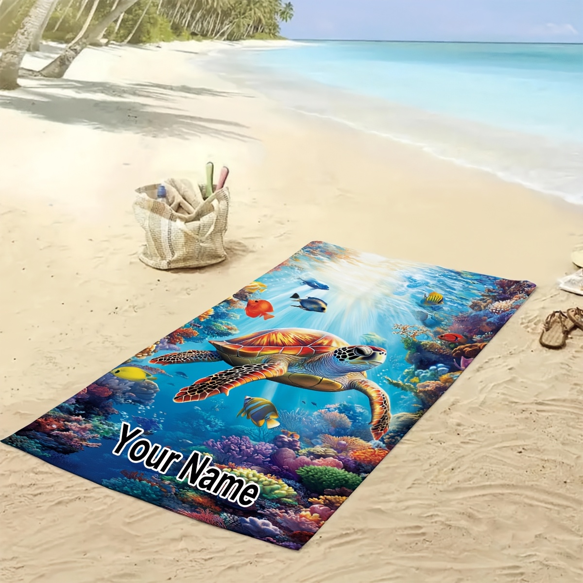 TEMU A Customized Beach Towel Featuring Turtles, Pool Parties, Outdoor Camping, Yoga Activities, And Suitable For Beach Vacations Gatherings, The