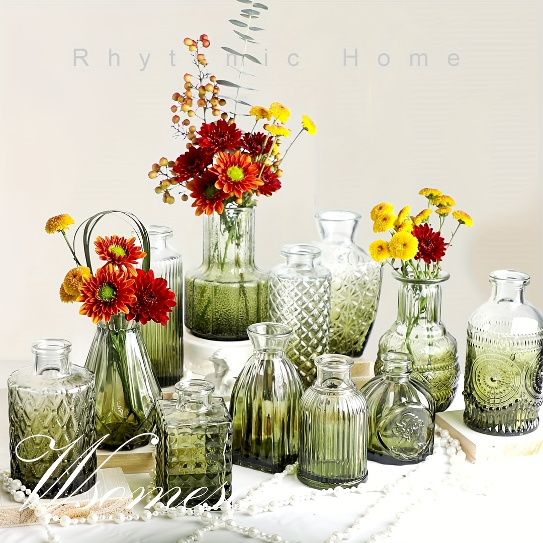 

12pcs Gradient Green Glass Vase Set - Mini Vintage Floral Vases For Home & Party Decor, Weddings, Dining Tables & Events