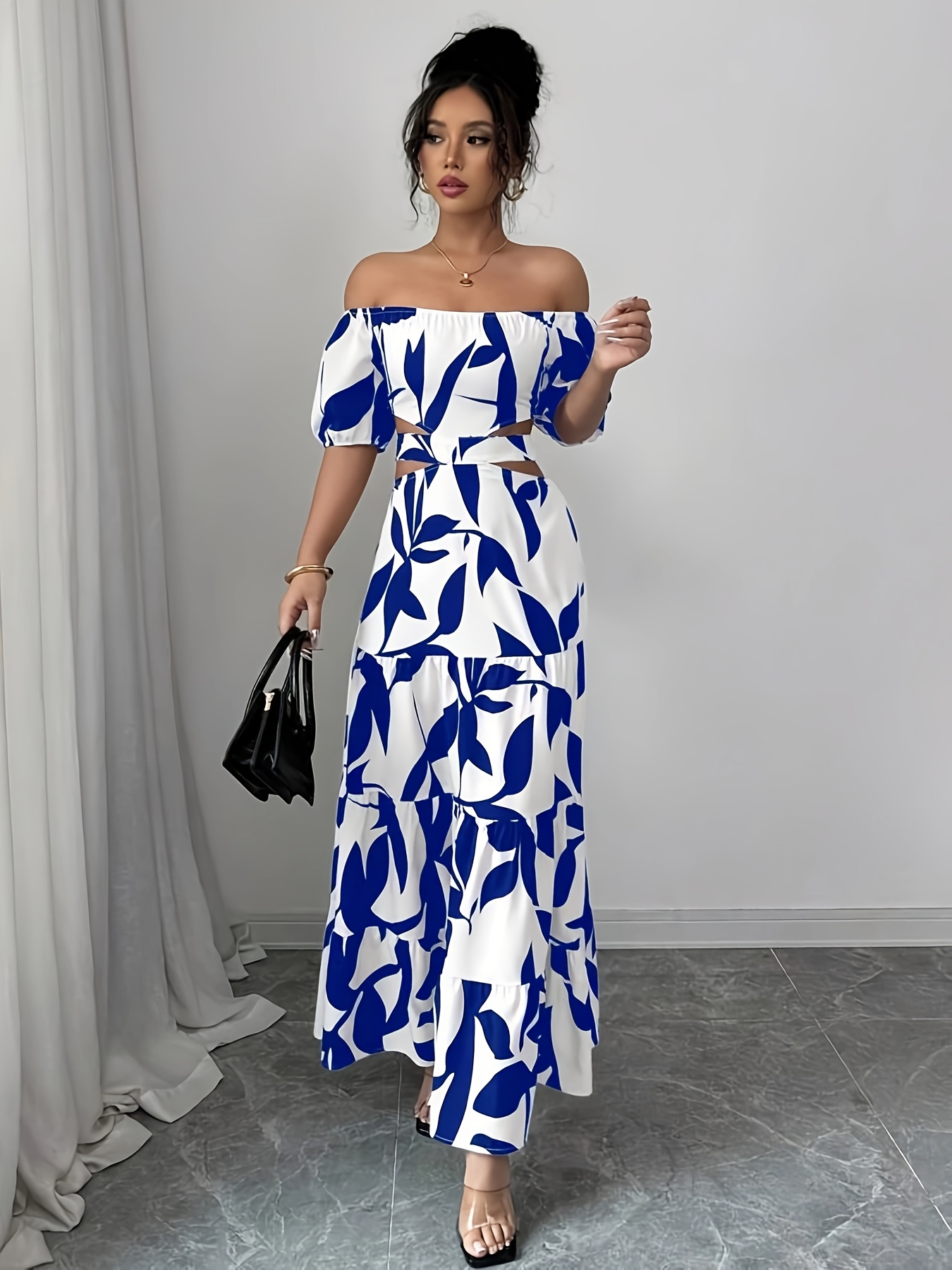 black sleeve formal dress Black and White Floral Print Women's Midi Dress: Timeless Elegance M / Black