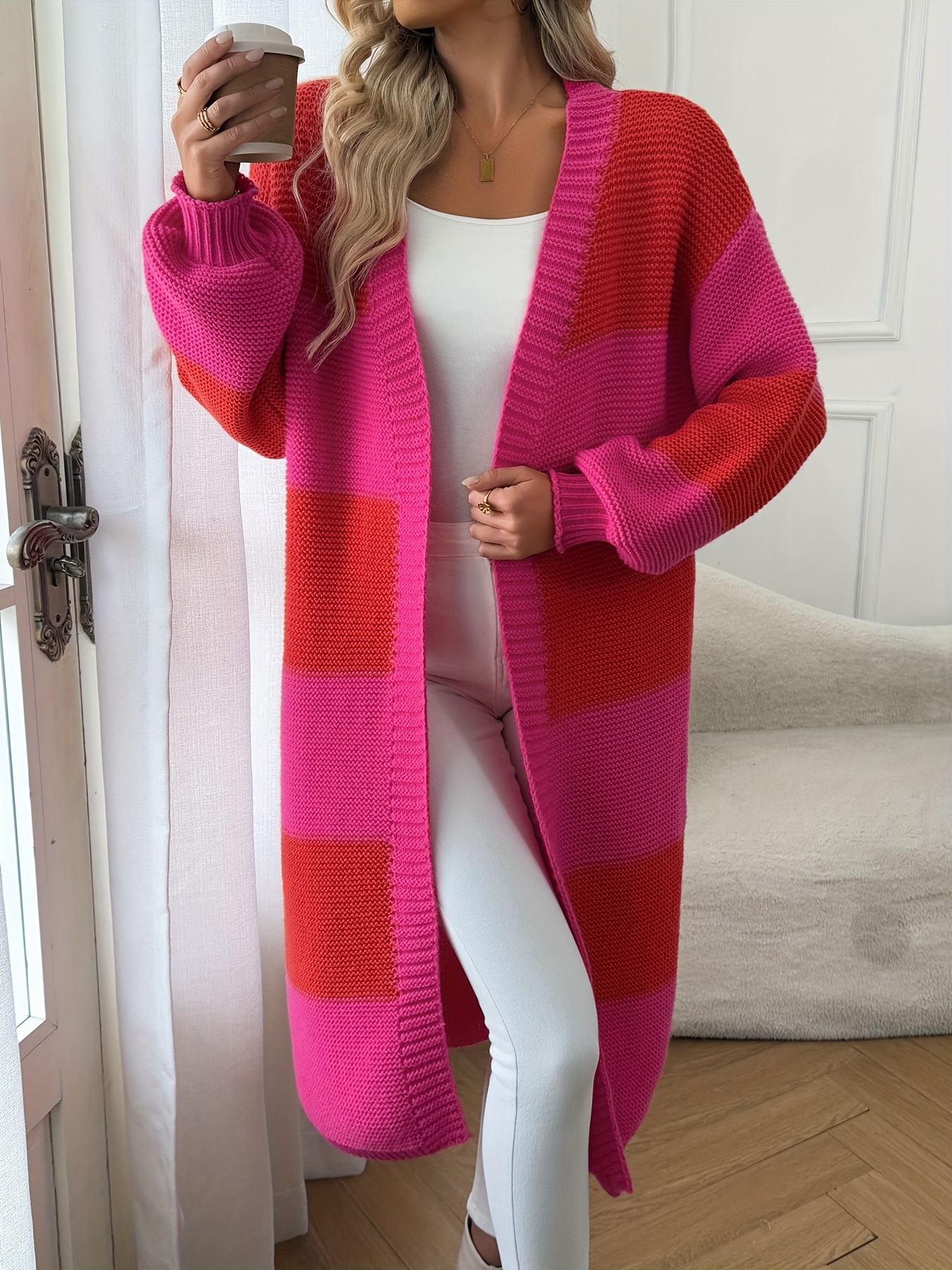 women's plaid longline cardigan no button front pockets Temu