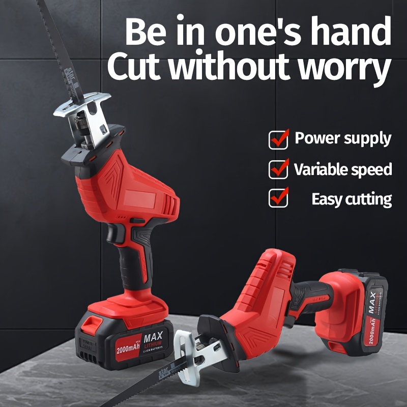 

21v Cordless Reciprocating Saw With 2 Batteries, And Charger, 1 Plastic Box, Suitable For Wood/metal/pvc Pipe Cutting, Red