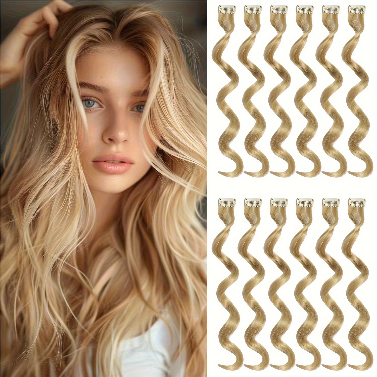 

Yongyi 12pcs Blonde Curly Clip-in Hair Extensions For Women - 20 Inch, Heat Resistant Synthetic Hairpieces, Parties, Cosplay &