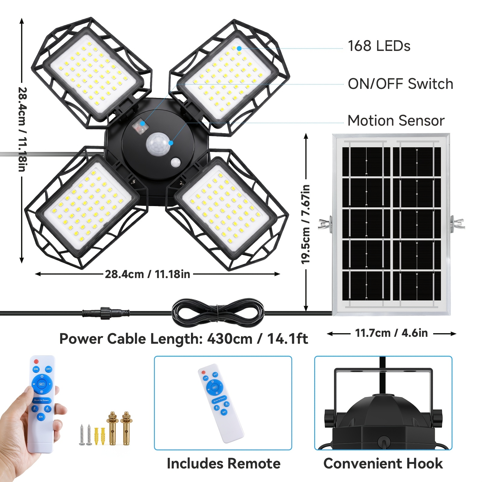 TEMU 1pc Outdoor Solar Pendant Light, 168-led Solar With Motion Sensor, 4.3-meter Power Cord, Detachable Solar Panel, With 4 Adjustable Light Heads,