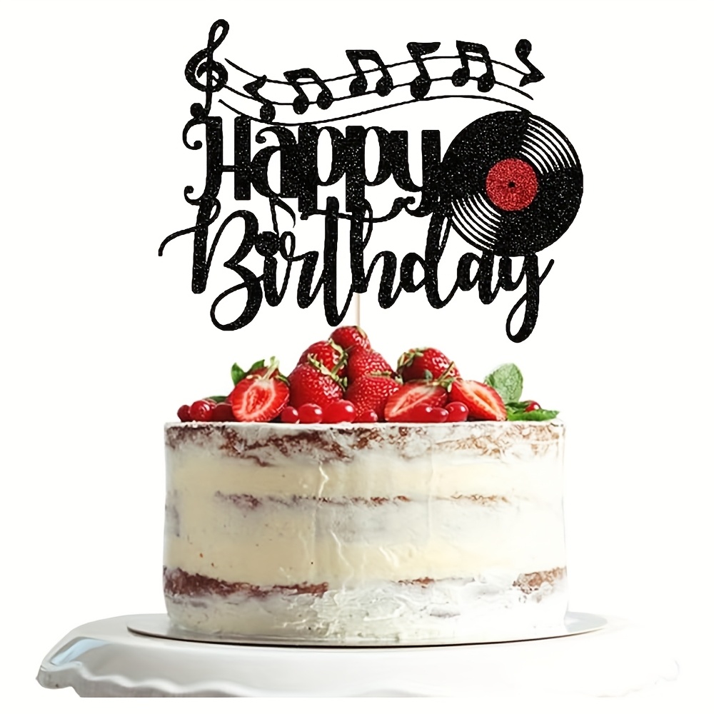 Image of 1pc Black Glitter Record Happy Birthday Cake Topper Vinyl Record Retro Rock And Roll Music Cake Decor Cd Hip Hop Music Theme Birthday Party Cake Decoration Supplies