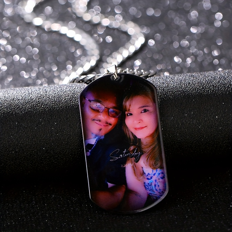 TEMU Photo Necklace For Men And Women - Personalized Stainless Tag Pendant With 5mm Cuban Chain, Vintage Hip-hop Jewelry, Suitable For Anniversary, Birthday Or Christmas Gifts, Personalized Necklace