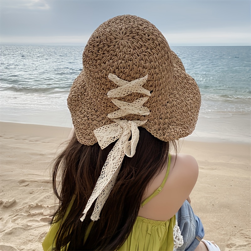 

Women's Elegant Wide Brim Straw Hat With Lace Bow, Summer Sun Protection Beach Hat, Lace-up Bucket Hat