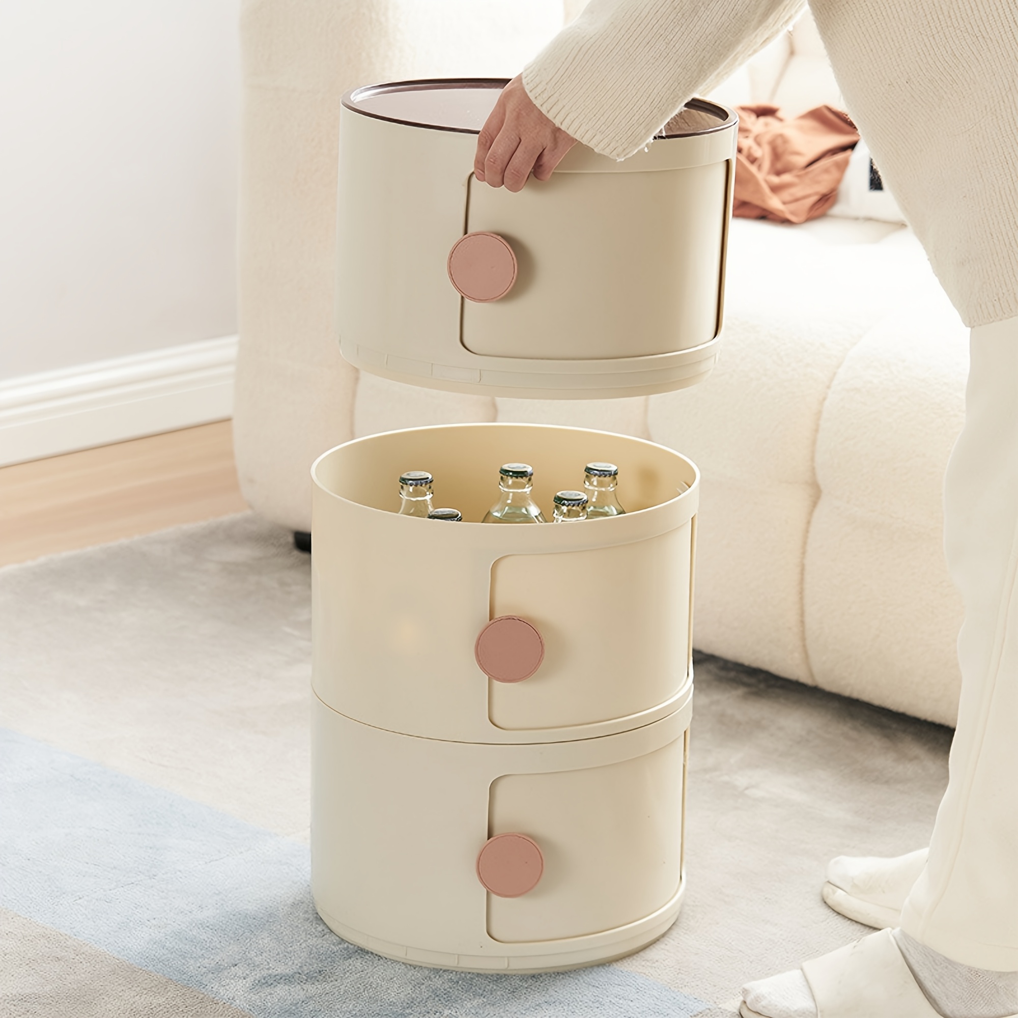 Image of Three-layer Round Storage Drawer Cabinet, Stackable Bedside Storage Cabinet, Space-saving Drawer Cabinet Suitable For Bedrooms, Living Rooms, Bathrooms, And Offices