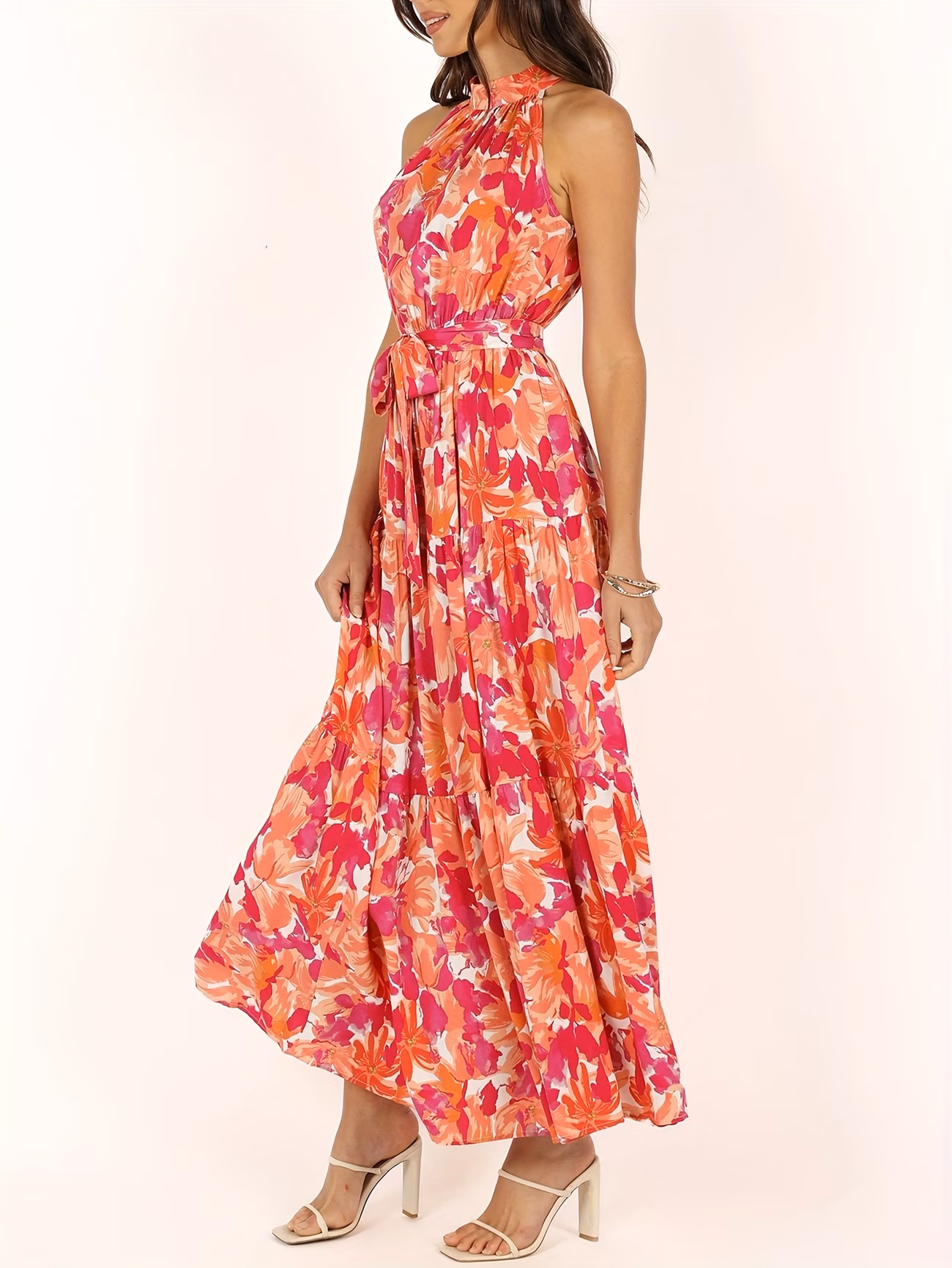 robe bohème style vacances taille haute ceinture évasée coupe trapèze imprimé floral longue 4