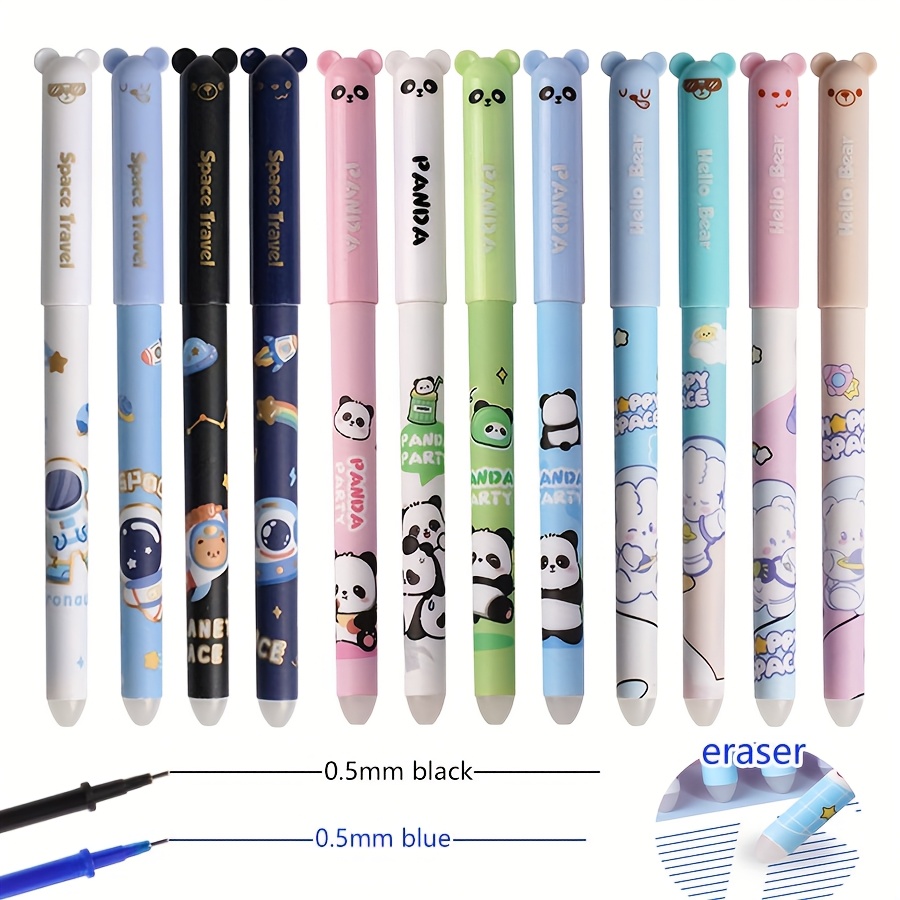 

12pcs Erasable Pens, Fine 0.5mm Point, Quick-dry, Lightweight, Washable, Refillable, Plastic Material, With Kawaii Bear & Astronaut Designs For School & Office Stationery