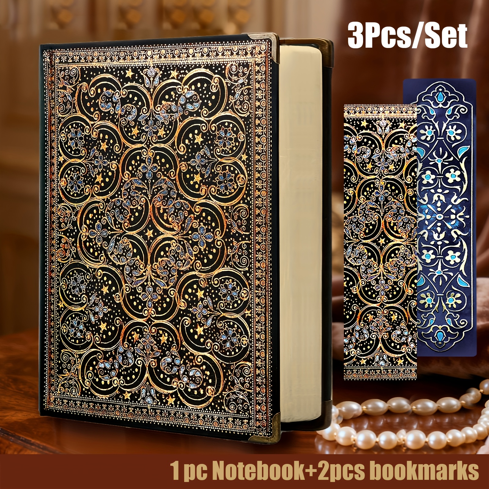 TEMU 1 Livre + 2 marque-pages, 388 pages, Couverture rigide Vintage, Carnet épais, 3 pièces/ensemble, Journal de 365 jours, Journal à , Couverture