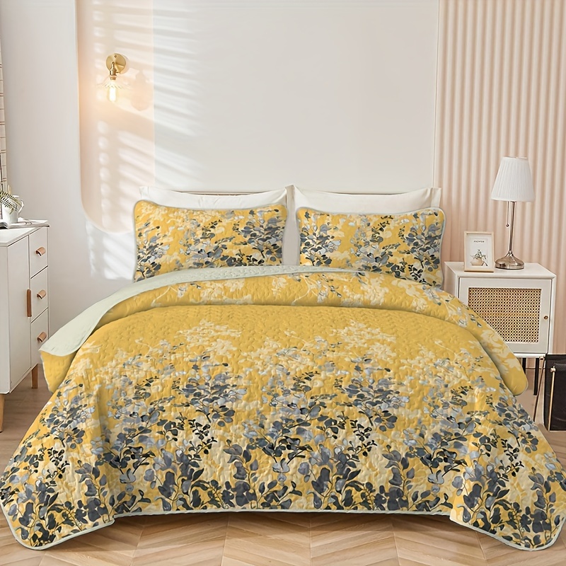 

Bohemian Chic Yellow Floral Bedspread Set - Soft, Comfortable Polyester Quilt & Pillowcases For All Seasons, 3-piece (1 Bedspread + 2 Pillowcases, No Filling)