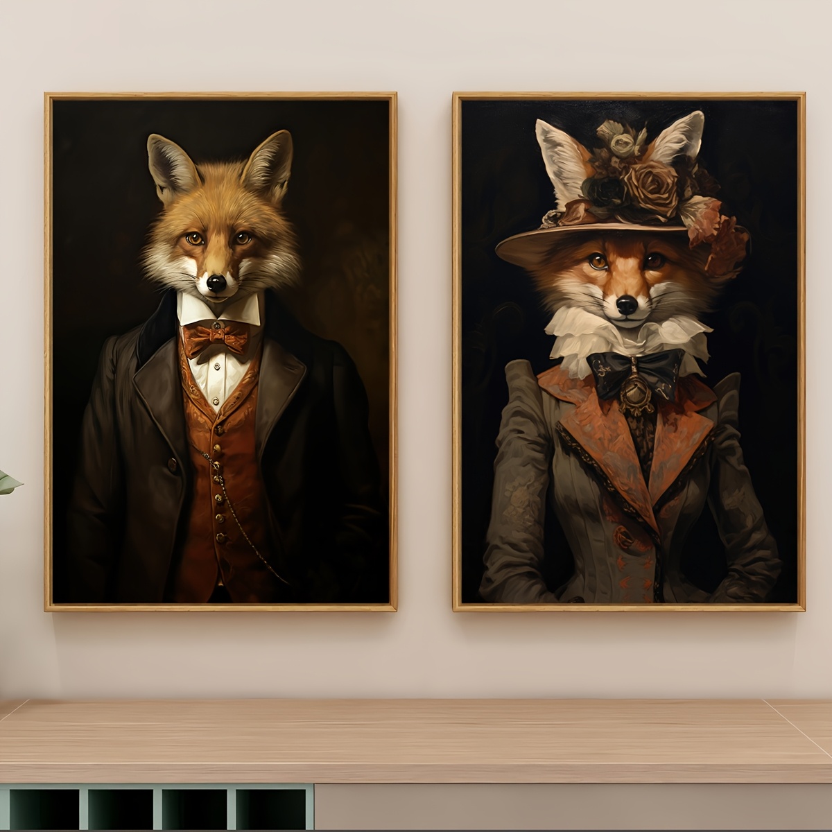 TEMU 2pcs Frameless Modern Art Deco Couple Animal Painting - Suitable For Living Room, Bedroom, Kitchen, Bathroom, Home Office - Elegant Fox-themed