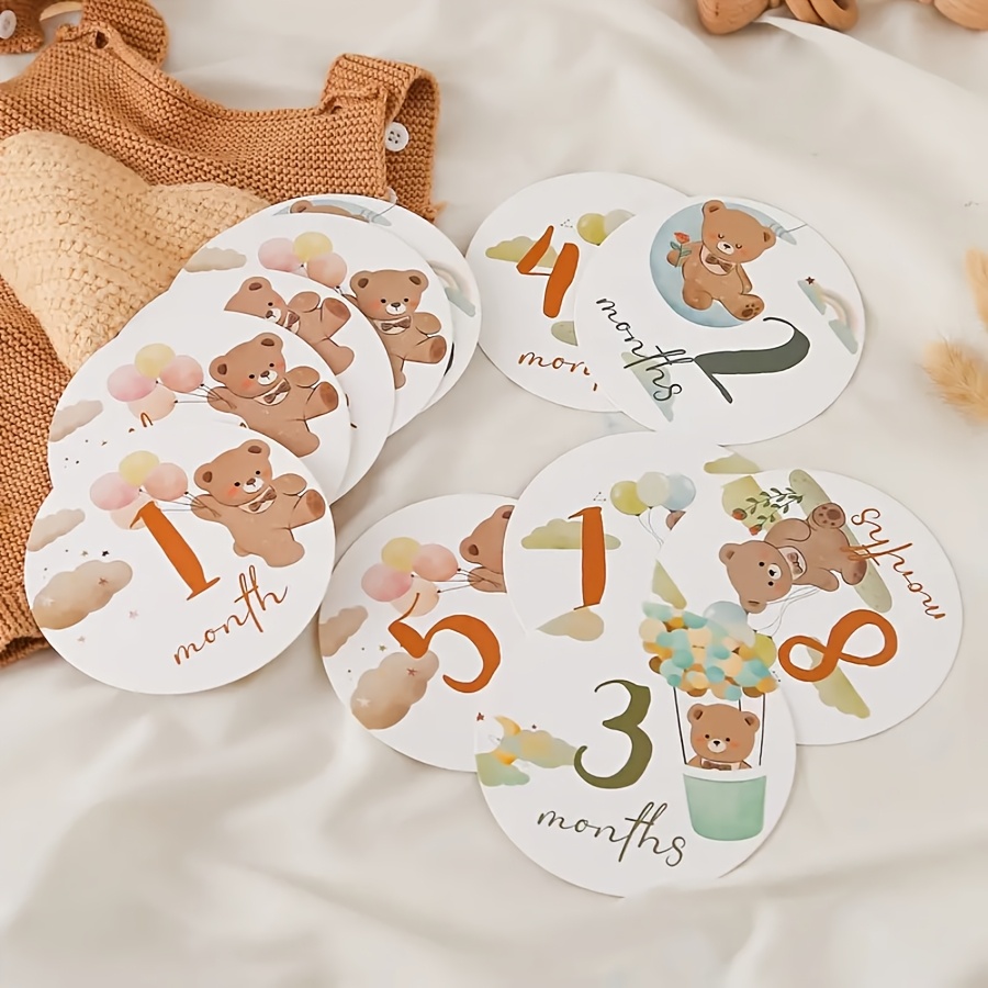 

16pcs Adorable Bear Cartoon Birth Milestone Cards - Monthly Growth Record & Shower Keepsakes, Photography Props, Christmas & Halloween Gifts, Birthday Gift Cards | | Cards