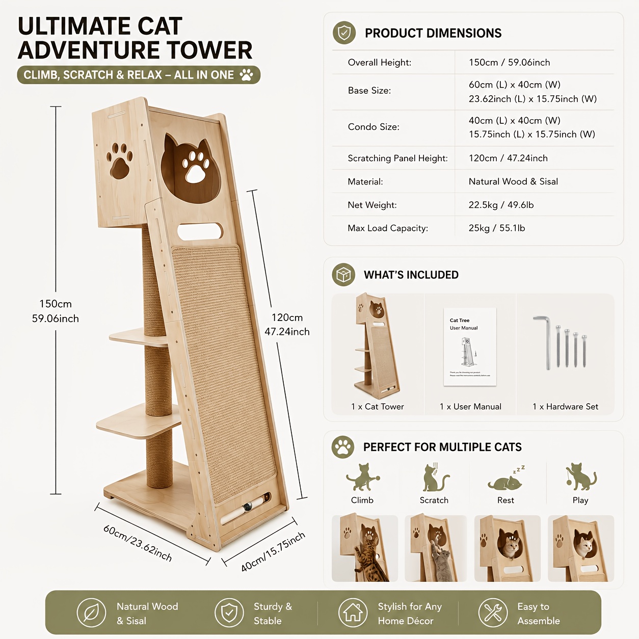 TEMU Modern 1 Cat Tower, Suitable For Multi Cat Households, Equipped With A Heavy-duty Indoor Cat Climbing Frame With Large Grab Poles, Top Viewing