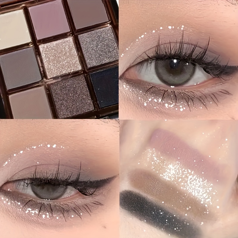 9-color eyeshadow palette - smoky grey, brown and pink tones, mousse eyeshadow, matte and shimmery finishes, fine Shimmery glitter, low saturation all-in-one palette with matte earthy tones, fine powder texture that doesn't fly off