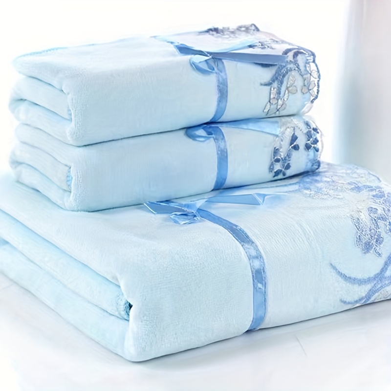 TEMU Luxury 3pcs Lace Embroidered Towel Set, Microfiber Towel, Includes 2 Towels And 1 Bath Towel, , Quick-drying And Non-fading Bath Towel Fabric,