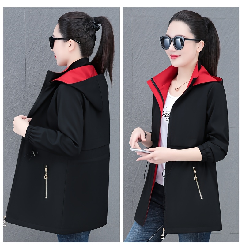 Chaqueta de viento con capucha de longitud media para mujer, con cordón en la cintura, bolsillos con cremallera y correa extraíble. Teal, ropa exterior de manga larga con cremallera para atuendo casual, chaqueta para todas las estaciones. Chaqueta de viento teal elegante. Bolsillo funcional.