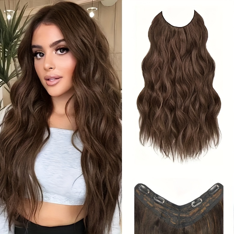 elegant 20 inch v shaped clip on wig for women long curly wavy hairpiece with 4 hidden clips natural look multiple colors beige     daily wear special occasions versatile hairpiece sleek hairpiece   hairpiece details 1