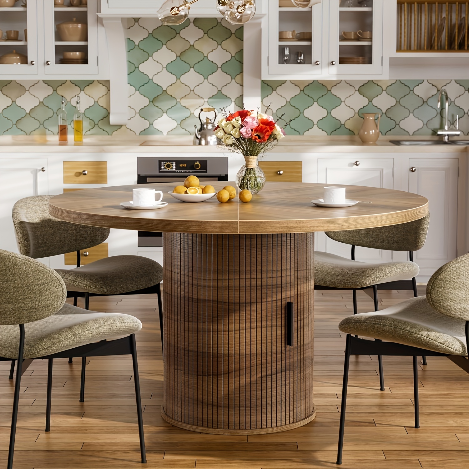 TEMU Dining Table, Round Dining Table, Round Wooden Dining Table With 2-tier Storage Shelves And Wooden Sliding Doors, Modern Kitchen Table, A Dining