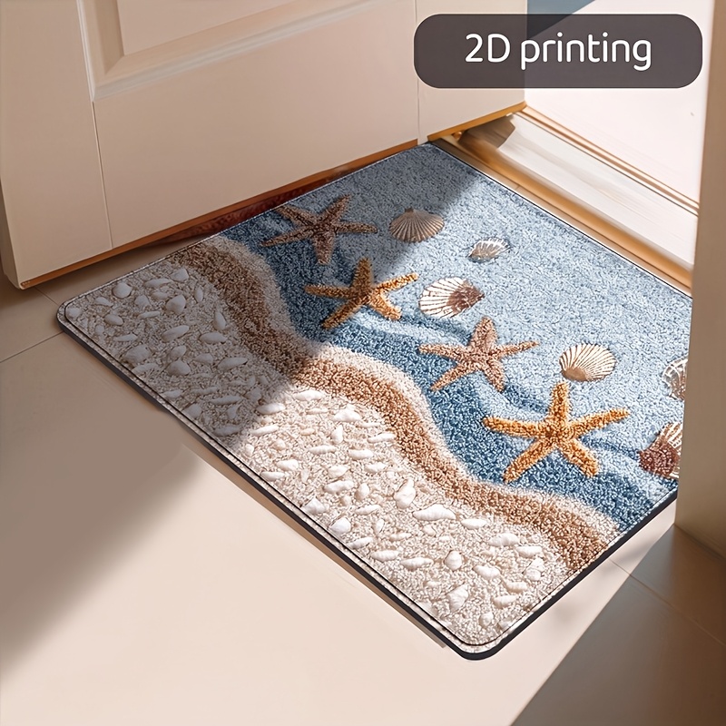 TEMU 2d Printing 1pc Starfish Shell Floor Mat, Anti Slip Beach Bathroom Mat With Coastal Starfish And Shell Design, Made Of Beige Turquoise Material,