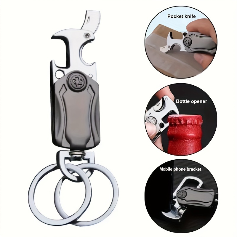 

Men's Multi-functional Metal Keychain With Retractable Spinner, , Pocket Knife, Phone Stand - Car Key Ring