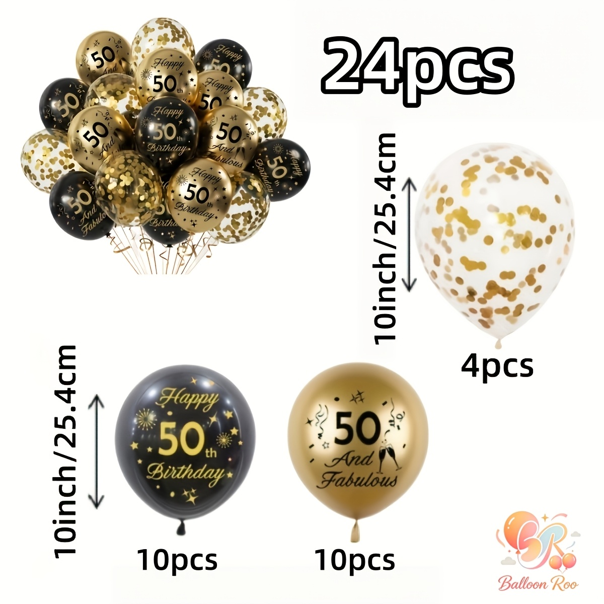 TEMU 24pcs Black And Golden Birthday Printed Balloons For 18/30/40//65/70th, With Golden Glitter Balloons, Used For Birthdays, Boy And Girl Party