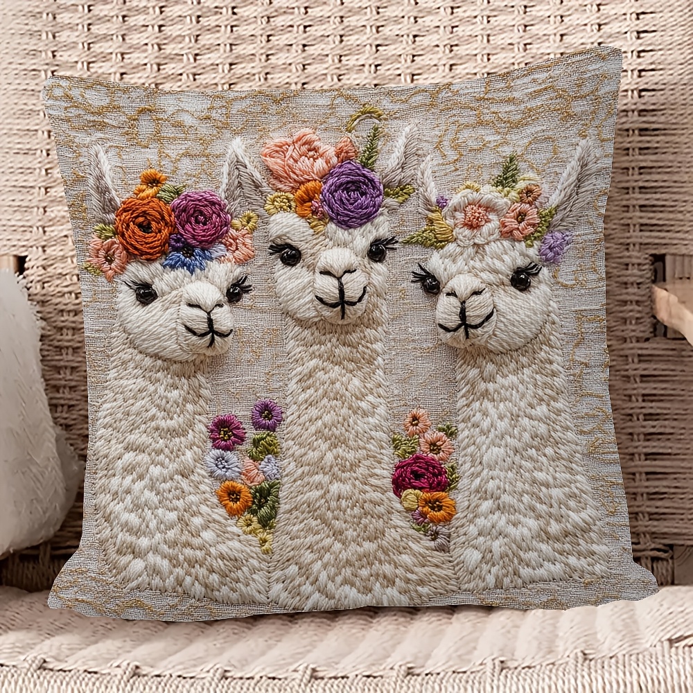 

1pc Vintage Style 18x18 Inch Double-sided Plush Pillow Cover - Trio Design With Floral Wreaths, Hand Wash Only, Polyester Woven Decorative For Sofa, Bedroom & Parties (no Insert)