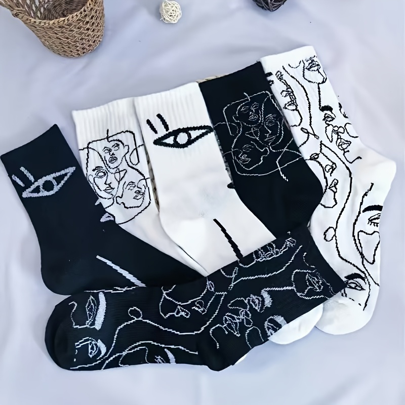Image of 6 Pairs/3 Pairs Black And White Abstract Mid-calf Easy Abstract Line Face Trendy Cute Individual Autumn Socks Suitable For Daily Use