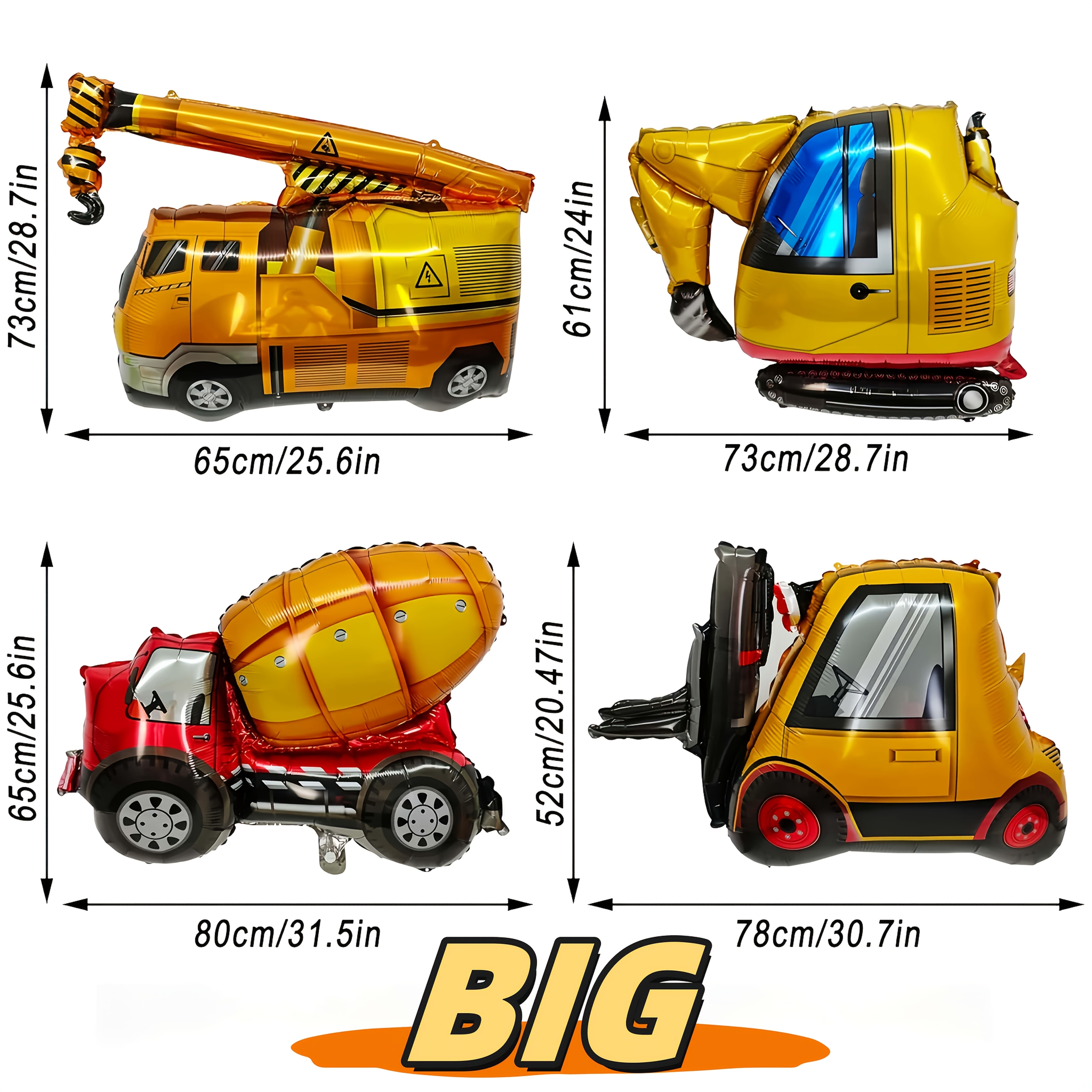 Image of 4pcs Construction Foil Balloon Engineering Vehicle Bulldozer Excavator Dump Truck Forklift Mixer Truck Crane Balloons For Construction Theme Party Children Birthday Party Decorations Supplies