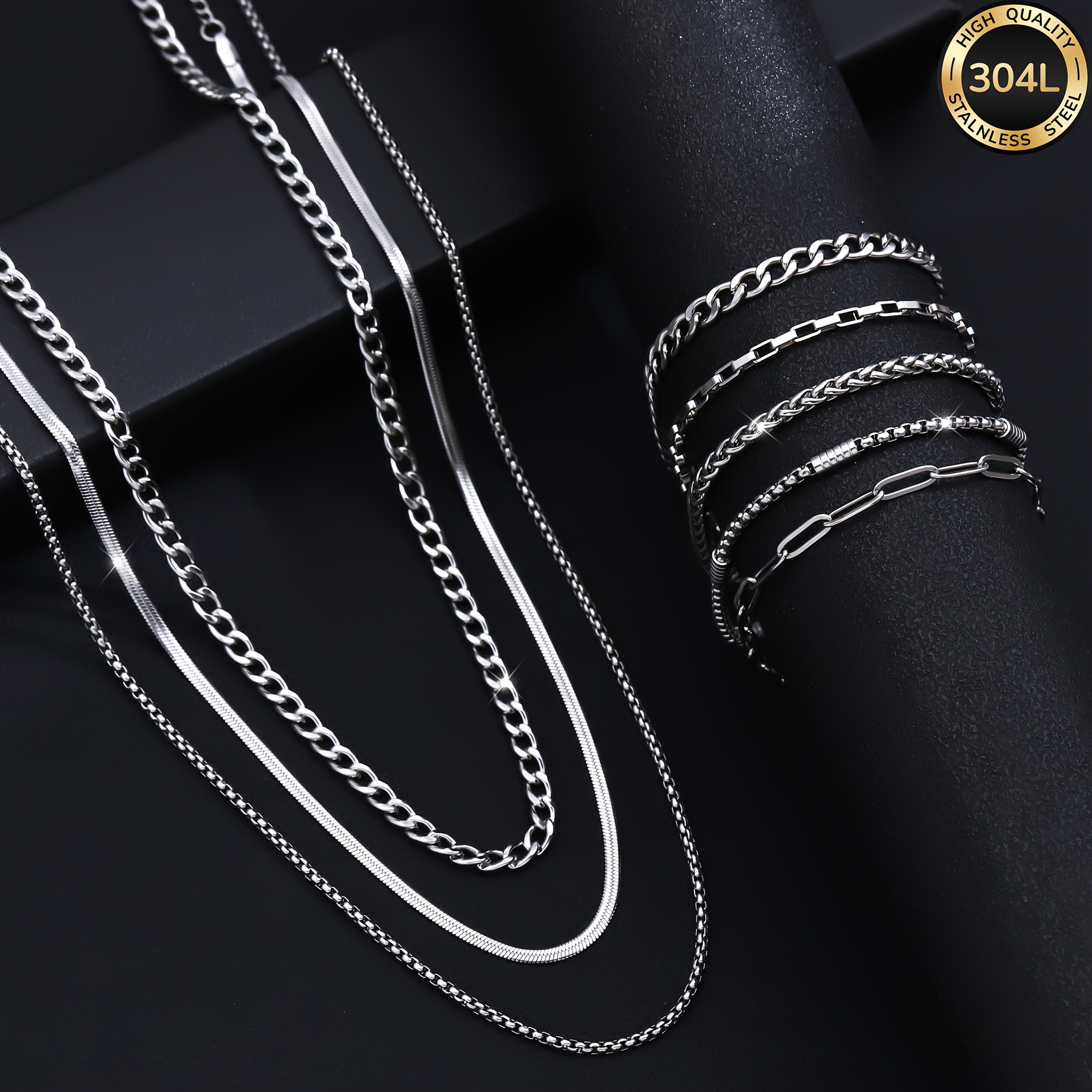 TEMU 8pcs Men's 304l Stainless Steel Necklace And Bracelet Set, Suitable For Daily Casual Gatherings, Men's Jewelry Set, Fashionable Additions
