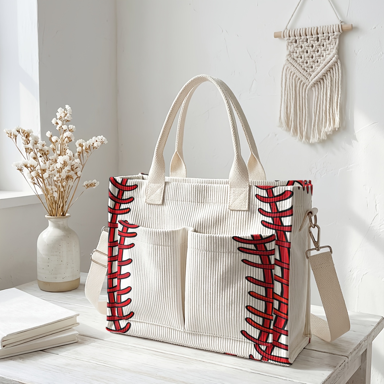 TEMU 1pc, 2d Printed Baseball Pattern Fashionable Tote Bag, Corduroy Material And Suitable For Hand Or Crossbody Carry. Convenient And Versatile For