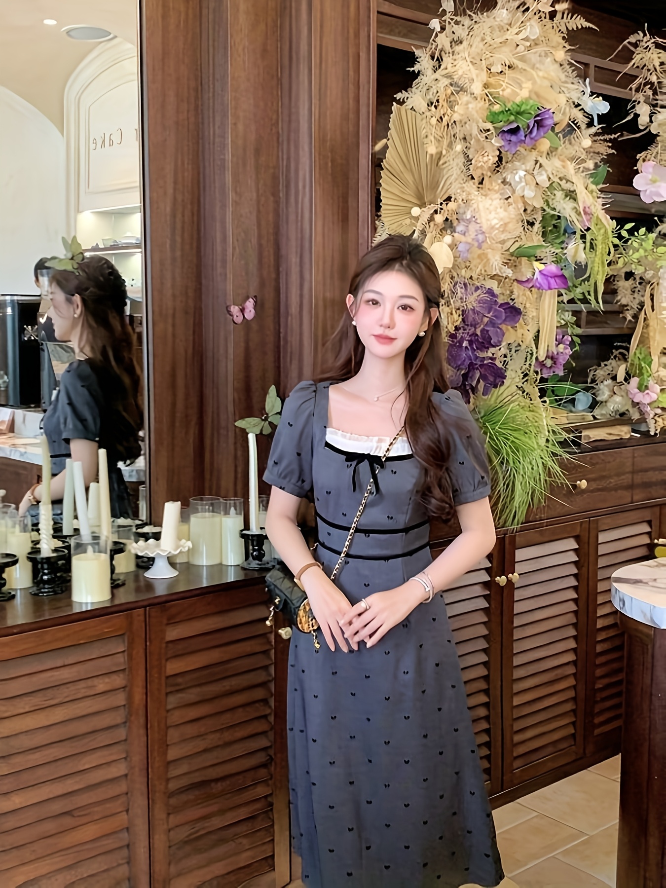 Elegant French-Inspired Square Neck Polka Dot Midi Dress for Women Short  Sleeve, Cinched Waist, Lightweight Polyester Blend Spring/Summ