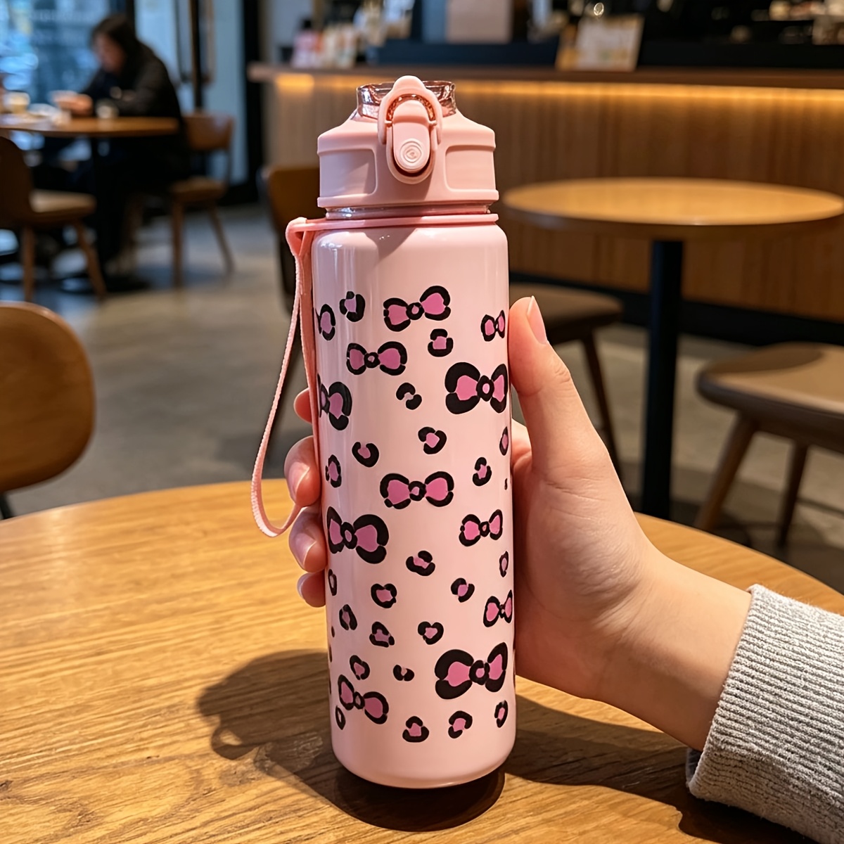 TEMU A 760ml Summer Leopard Print Bow Water Bottle, Simple Bow-themed, Fresh And Portable, For Outdoor Camping, A Summer Leak-proof Cup