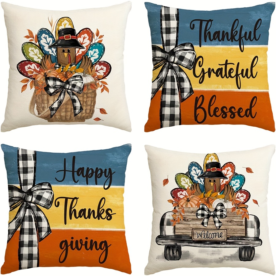 

Jit Set Of 4, Thanksgiving Turkey And Harvest Truck Cushion Covers, Blessed, Happy , Linen Country-rustic Throw Case With Zipper For Sofa And Rooms, Machine Washable, Woven Pattern Decor