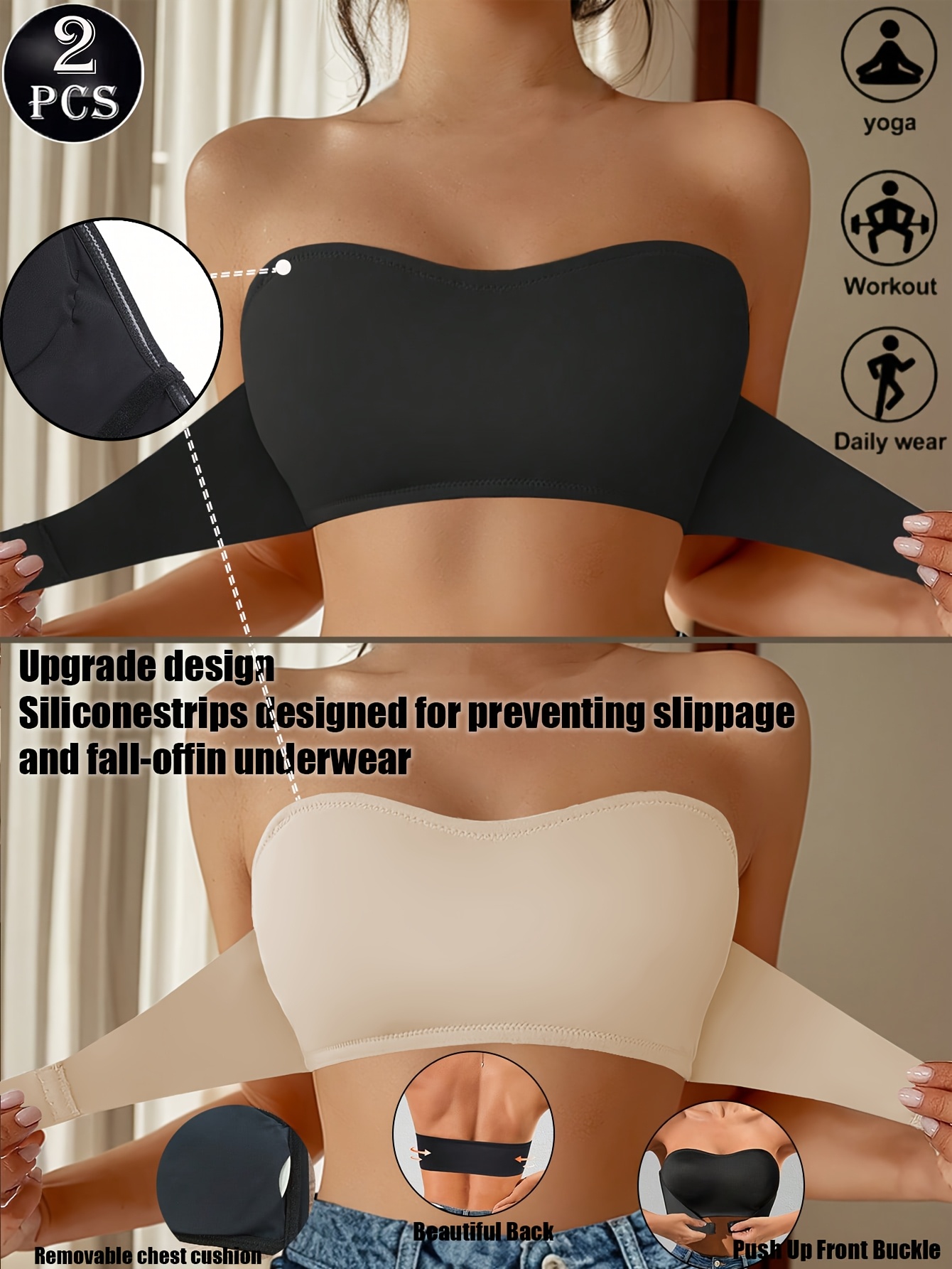 2pcs strapless bandeau bras tube top front closure wireless bra summer traceless bras   bra   comfy push up bra womens smoothing backless tube   woman underwear bralette brad