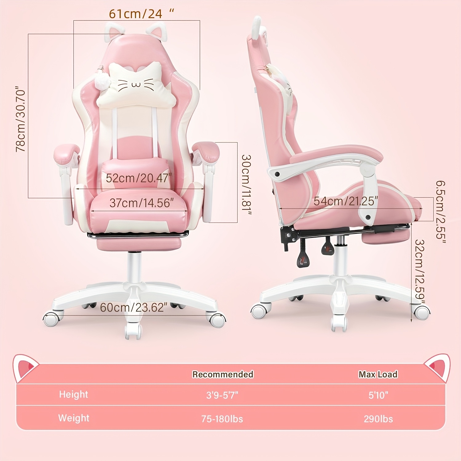 E-shop Gaming Stuhl Süß mit Katzenohren und Lendenwirbelstütze, Ergonomischer Computerstuhl für Mädchen mit Fußstütze und Kopfstütze, Bequemer