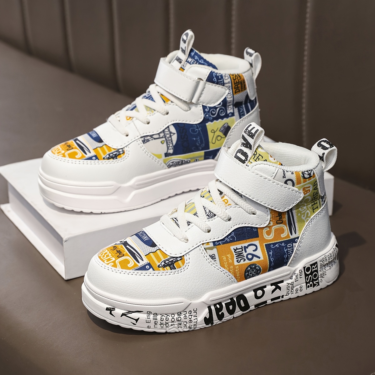 Youngsters' Comfortable Mid-Top Sneakers with Closure, Colorful Random Print Design, Breathable PU/Fabric Upper & EVA Cushioned Sole - All-Season Casual Shoes for Boys & Girls, School, Outdoor Play & Daily Activities, Kid Shoes, School Footwear, Stylish Stitching Details, Fabric Lined Interior
